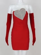 Sexy Strapless Heart Diamonds Bandage Gloves Black Backless Bodycon Party Dress