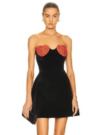 Sexy Strapless Heart Shape Crystal Design Mini Dress Velvet A-Line Party Dress