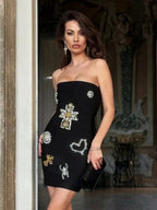 Sexy Strapless Luxury Diamonds Bandage Black Sleeveless Beaded Mini Evening Party Dress