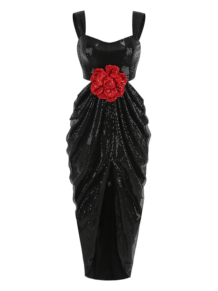 Sexy Straps 3D Flower Shiny Sequins Folds Long Cutout Slim Party Dress