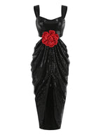 Sexy Straps 3D Flower Shiny Sequins Folds Long Cutout Slim Party Dress