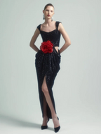 Sexy Straps 3D Flower Shiny Sequins Folds Long Cutout Slim Party Dress