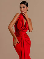 Sexy Swinging Collar Backless Pleated Long Dress Draped Design Party Dress
