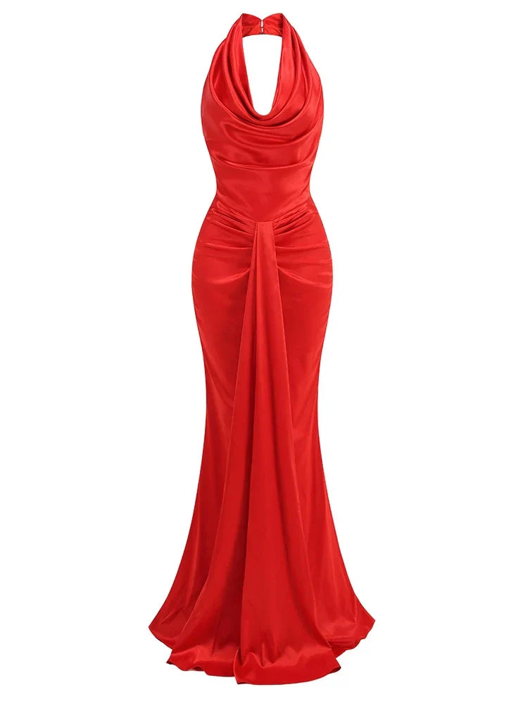 Sexy Swinging Collar Backless Pleated Long Dress Draped Design Party Dress