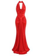 Sexy Swinging Collar Backless Pleated Long Dress Draped Design Party Dress