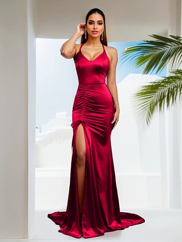 V-Neck Sleeveless Satin Party Dress