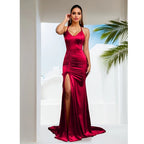 V-Neck Sleeveless Satin Party Dress