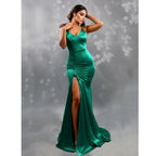 V-Neck Sleeveless Satin Party Dress
