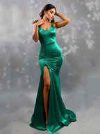 V-Neck Sleeveless Satin Party Dress