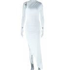 Diagonal Collar Solid Color Dress Stitching Short Sleeve Pleated Pullover Mid Waist Asymmetric