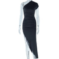 Diagonal Collar Solid Color Dress Stitching Short Sleeve Pleated Pullover Mid Waist Asymmetric