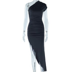 Diagonal Collar Solid Color Dress Stitching Short Sleeve Pleated Pullover Mid Waist Asymmetric