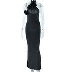 Halter Dress Solid Color Sleeveless Stitched Backless Asymmetric