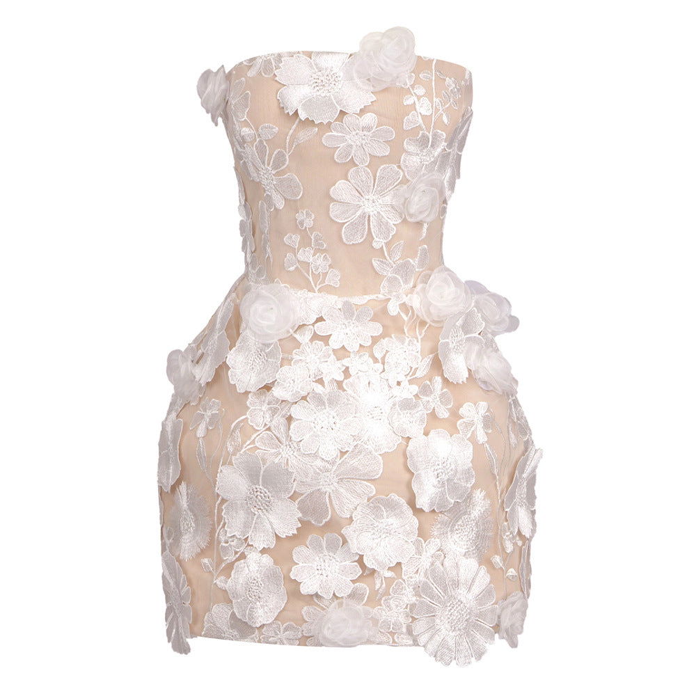 Off Shoulder Tube Top Dress White Bustle Three Dimensional Floral Embroidery Off Shoulder Slim Two Pieces
