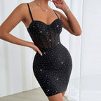 Low Cut See Through Sequin Slip Dress Backless Boning Corset Steel Ring Hip Dress