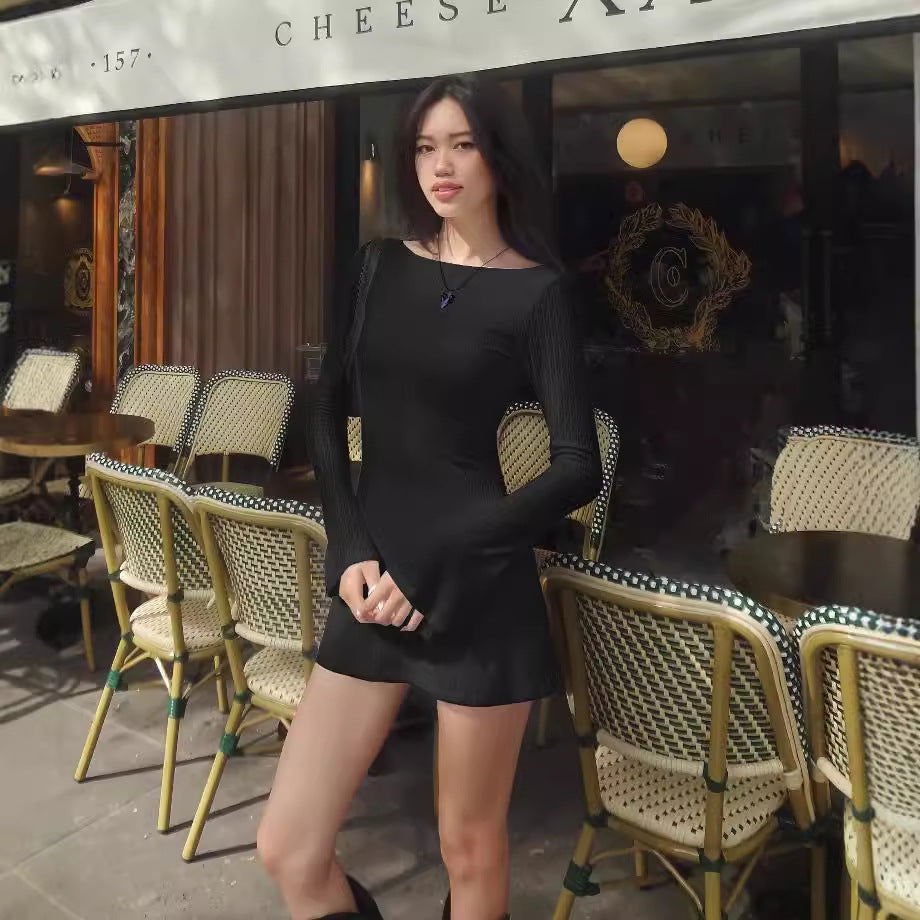 Street Shooting Solid Color Minimalist Long Sleeve Big Backless Tied Dress