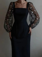 Isabella Boutique Evening and Party Dress with Square Neckline and Long Sleeves Premium Wardrobe Essential