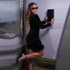 Long Sleeve Slim Sequins Feather Dress