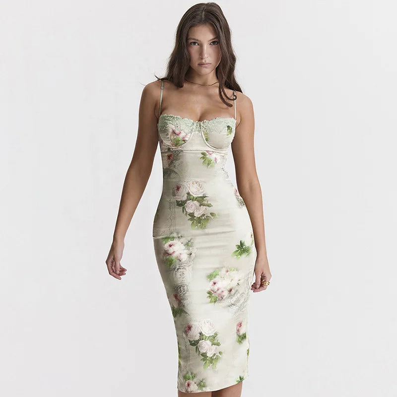 Silk Strap Lace Backless Floral Dress