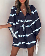 Casual Flora Print Batwing Sleeve LaceUp Dress