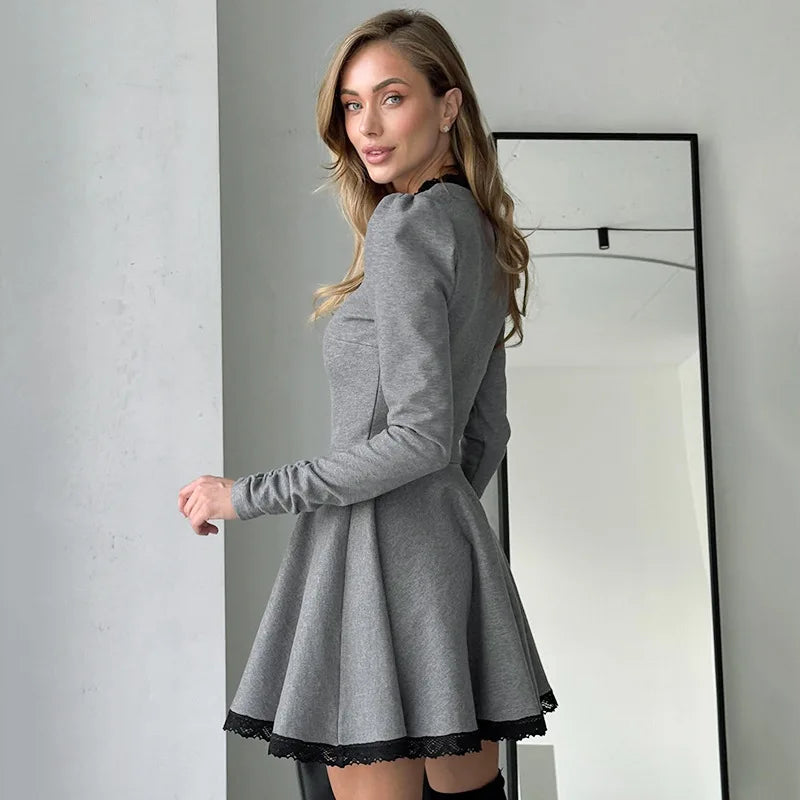 Patchwork Gray Long Sleeve A - line Mini Dress