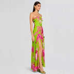 Strapless Retro Print Split Long Dress