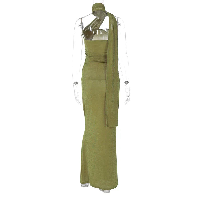 Halter Green Off - shoulder Backless Long Dress
