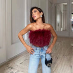 Faux Ostrich Feather Soft Fur Tank Short Vest Colorful Backless Nightclub Tube Top
