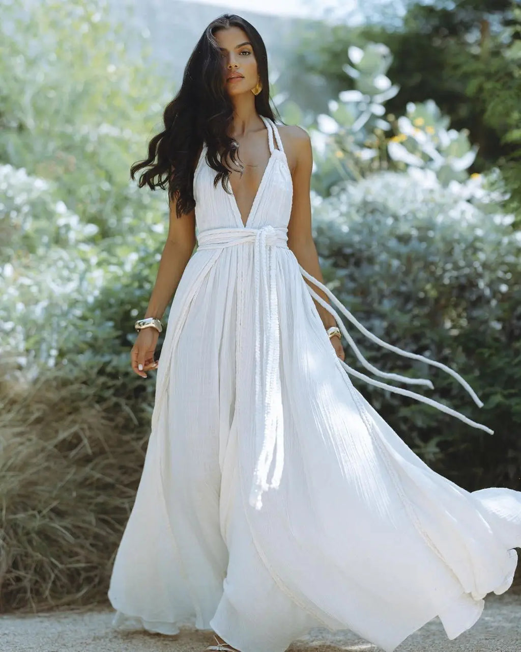 Solid Split Pleated Bandage Long Dress
