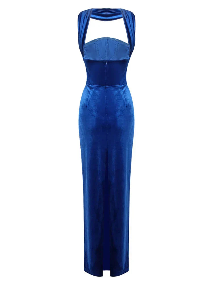 Blue Velvet Halter Sleeveless Maxi Dress