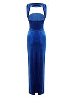 Blue Velvet Halter Sleeveless Maxi Dress