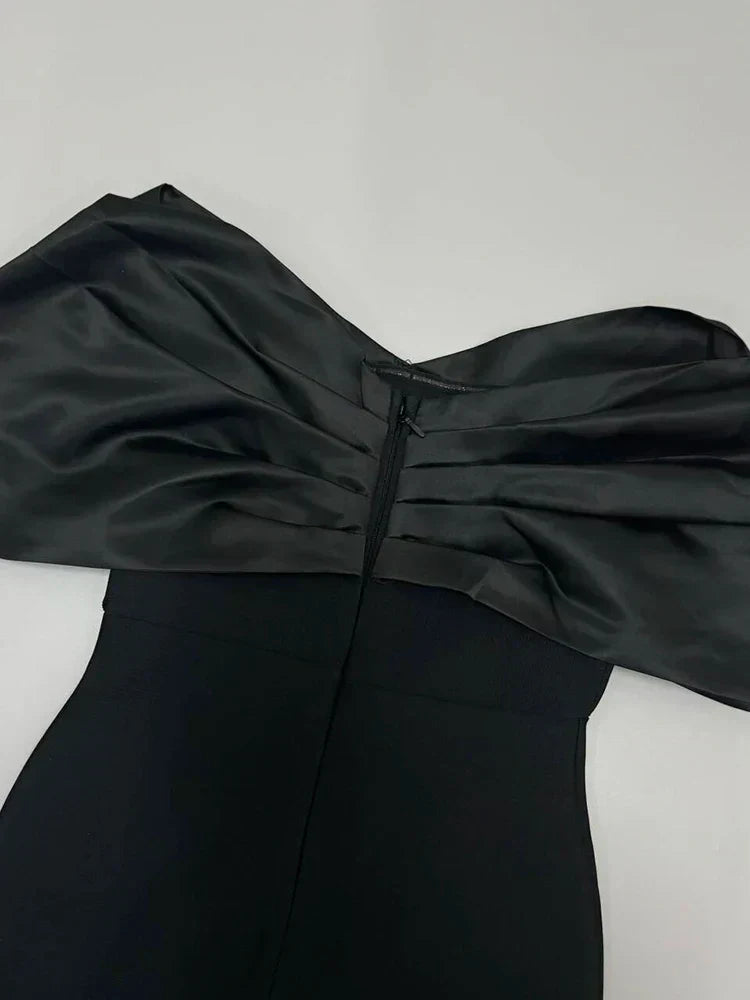Off Shoulder Black Pleated Sleeves Crystal Dress