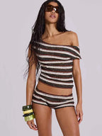 Casual Striped Skew Collar Crop Top Two Piece Shorts Set