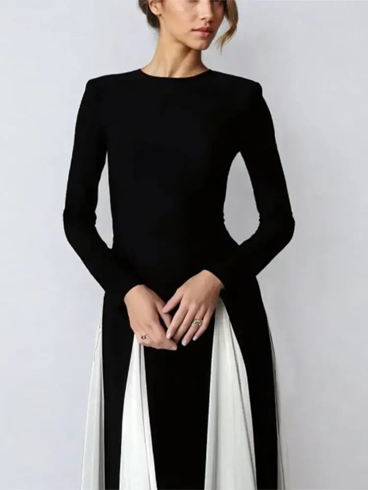 Pleated Patchwork Long Sleeve Maxi Dress