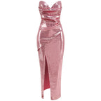 Sequined Strapless Slit Lace Up Ankle Length Dress