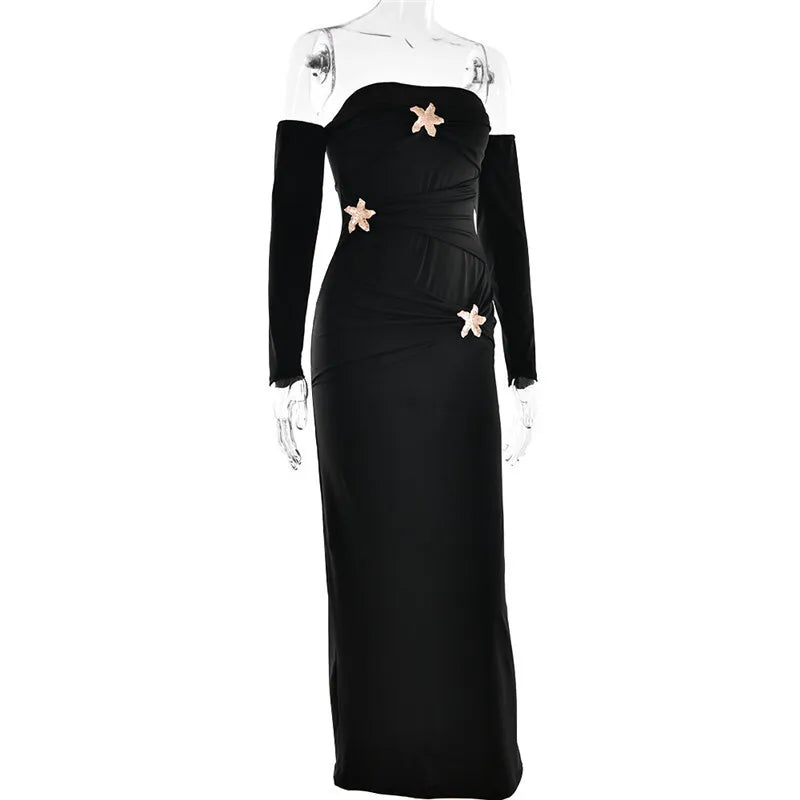 Metal Buckle Off - shoulder Backless Long Dress