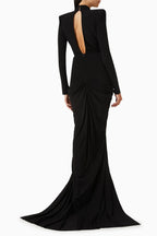 Deep V Neck Long Sleeves Black Maxi Dress Party Gown