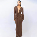 Elastic Deep V - Fold Lace Maxi Dress