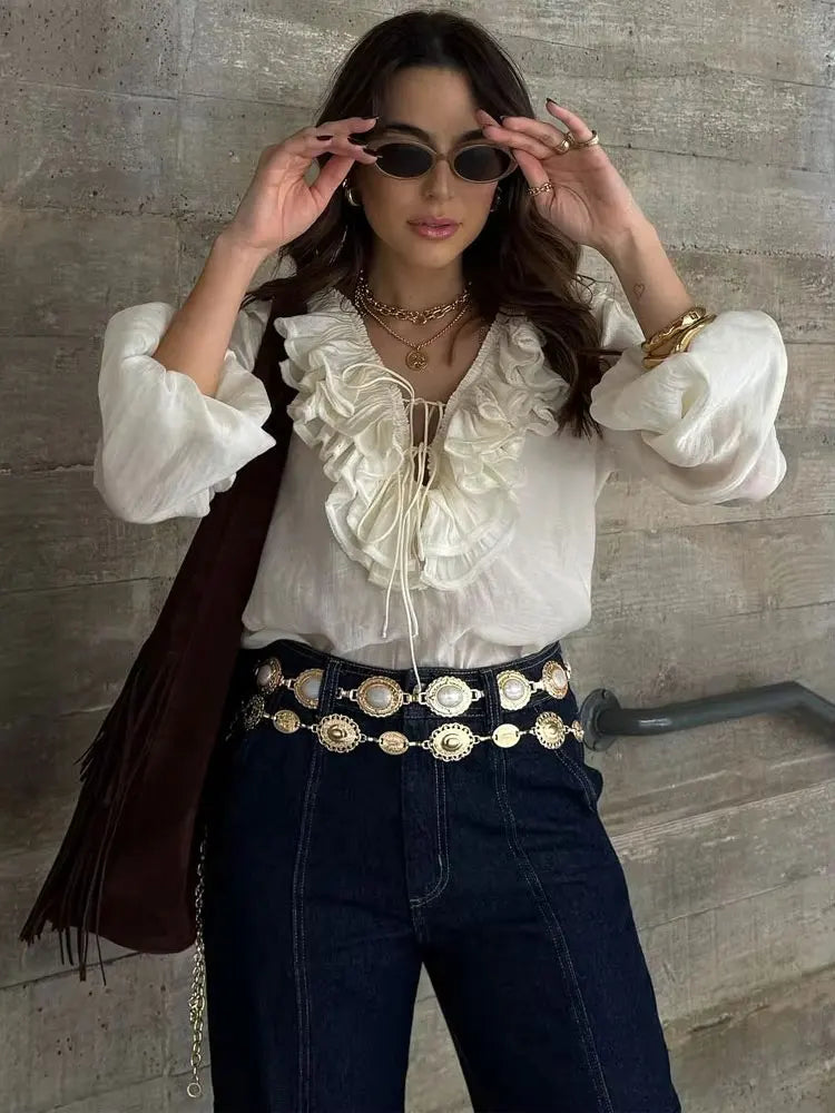 Fashion Solid Vneck Lantern Long Sleeve Blouse