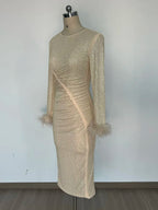 Feathers Rhinestone Folds Midi Dress