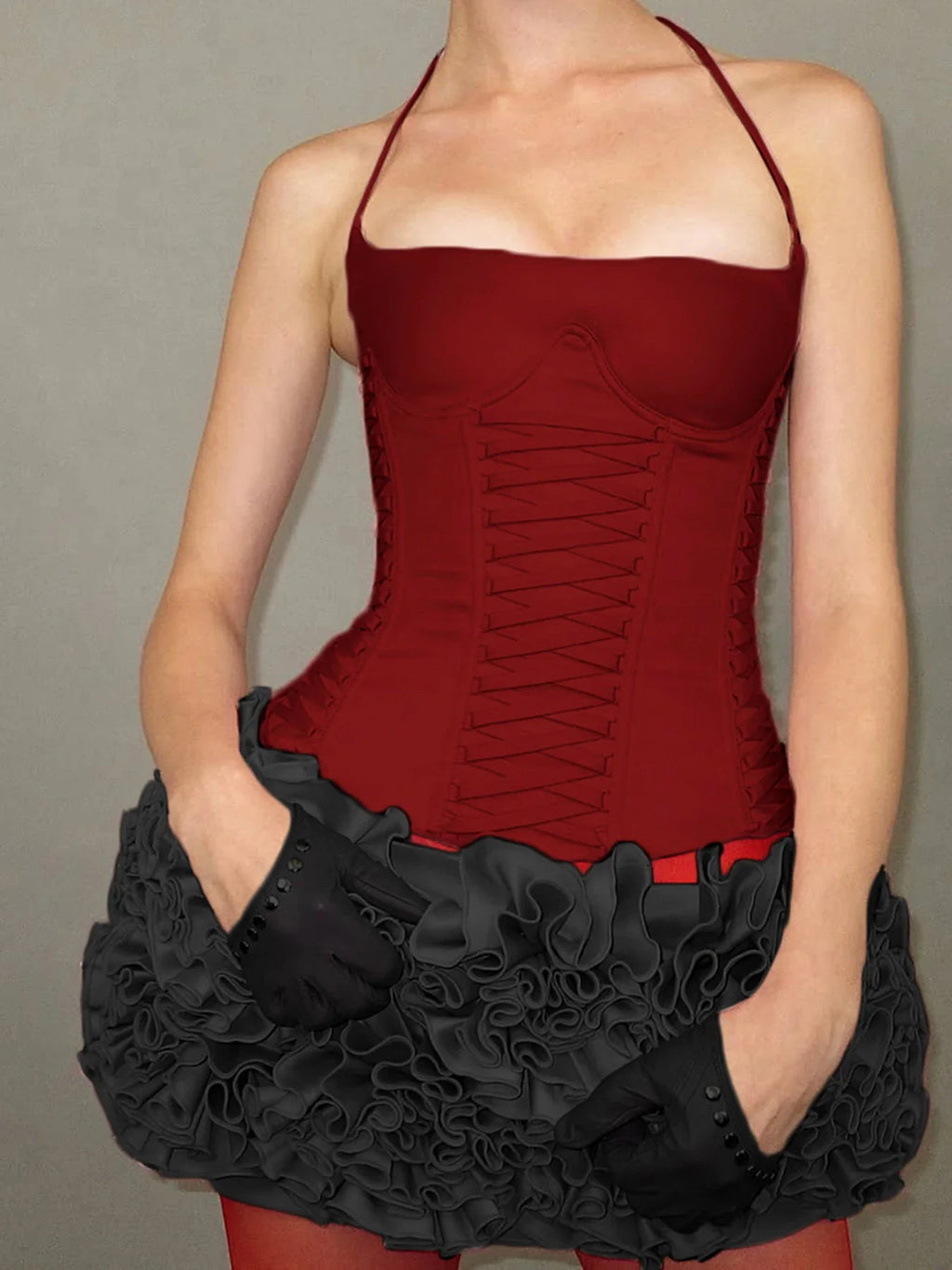 Solid Bandage Halter Slim Slash Neck Cami Top