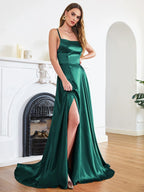 Blue Satin Spaghetti ALine Prom Dress