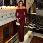 Pleated Patchwork Solid Off - Shoulder Dress