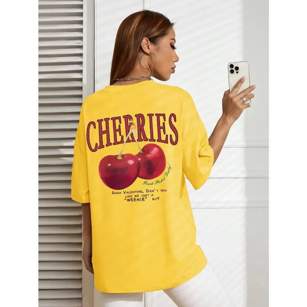Cherry Print Loose Cotton Tshirt