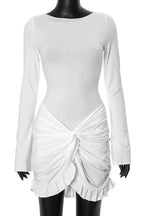 Pleated Bodycon Mini Dress with O Neck and Long Sleeves