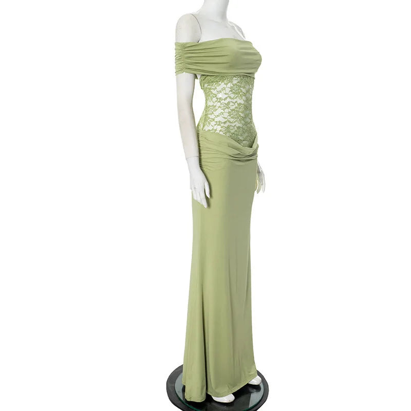 Off - shoulder Strapless Green Lace Sheer Long Dress