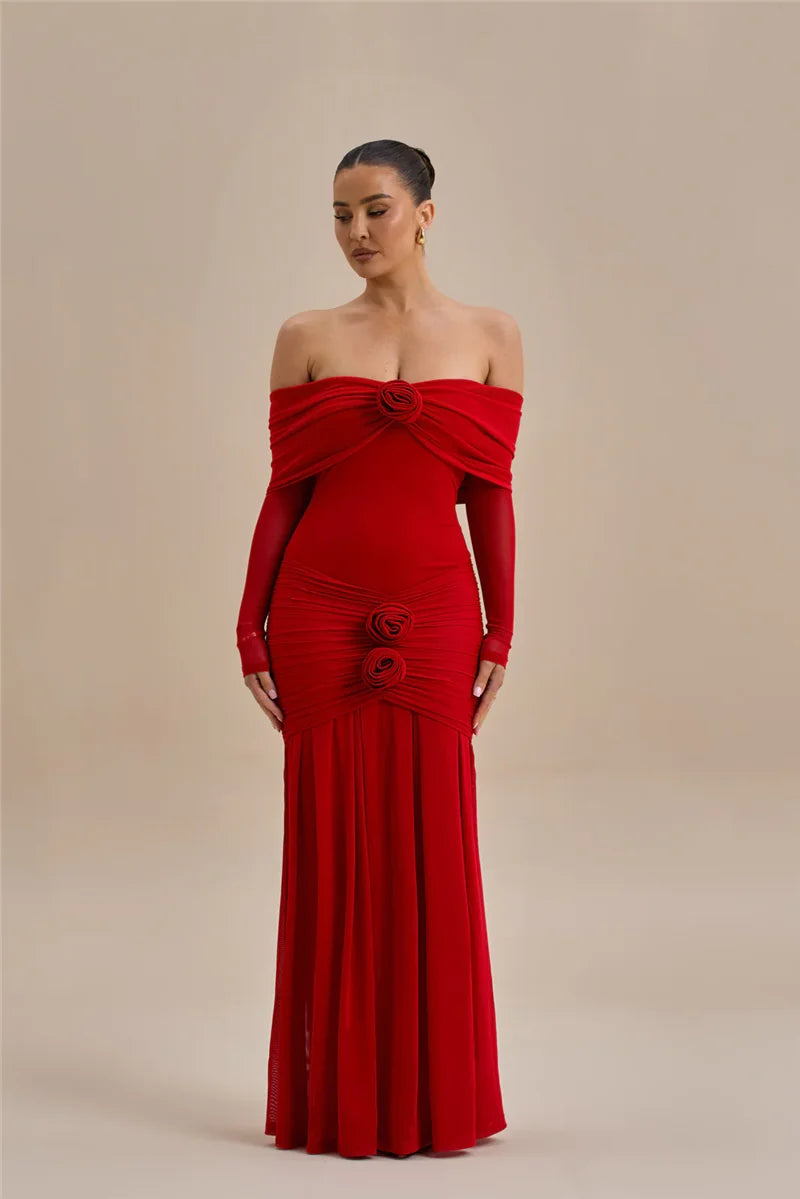 Off - shoulder Strapless Rose Long Sleeve Dress