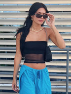 Slim Fit Mesh Solid Colour Sheer Top