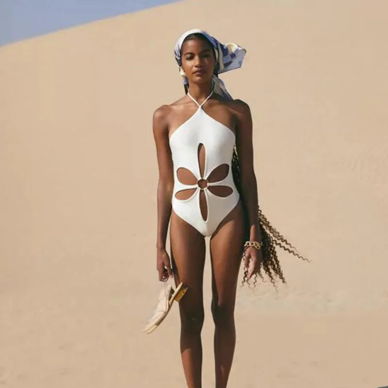Solid Color Flower Patchwork One Piece Swimwear