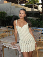 Pearl Beaded Hollow Knitted Mini Dress